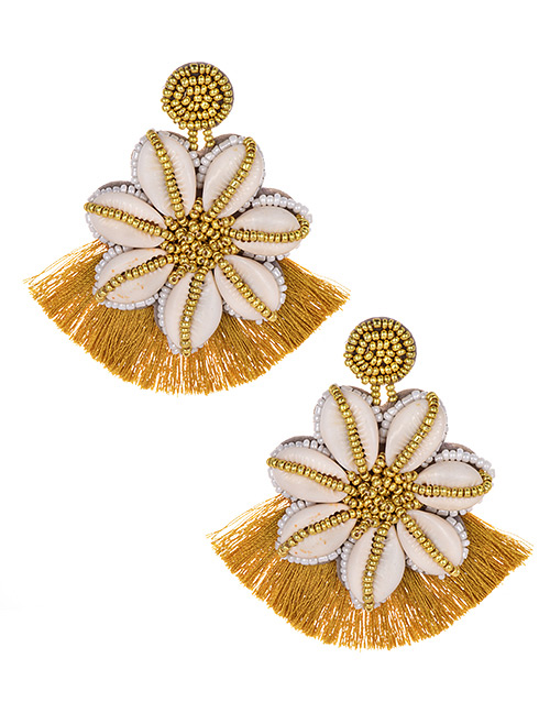 Fashion Ginger Yellow Rice Beads Shell Flower Tassel Earrings