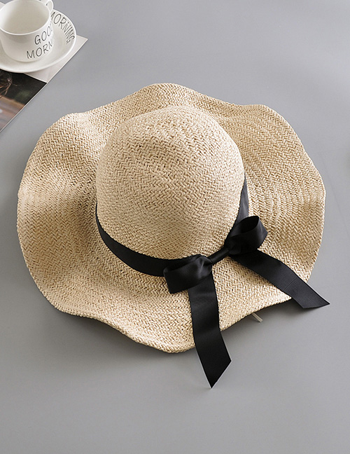 Fashion Beige Ribbon Bow Straw Hat