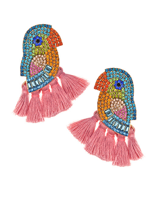 Fashion Leather Powder Alloy-studded Parrot Tassel Earrings
