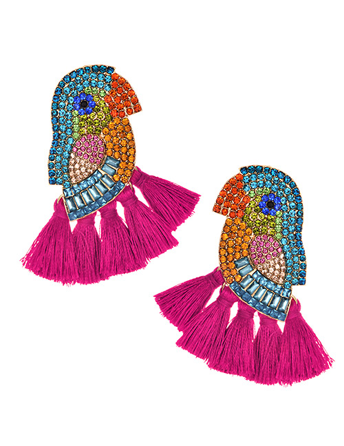 Fashion Rose Red Alloy-studded Parrot Tassel Earrings