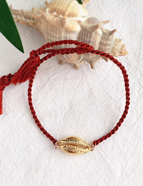 Fashion Wine Red + Gold Alloy Woven Shell Bracelet