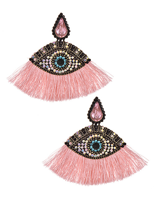 Fashion Leather Pink Alloy Studded Eye Tassel Earrings