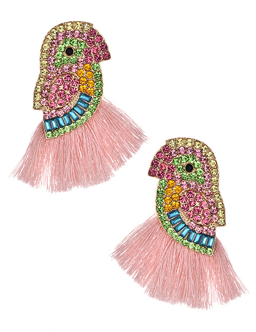Fashion Leather Pink Alloy Diamond-studded Bird Tassel Earrings