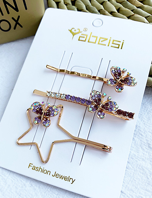 Fashion Purple Alloy Pentagram Butterfly Diamond Hair Clip Set