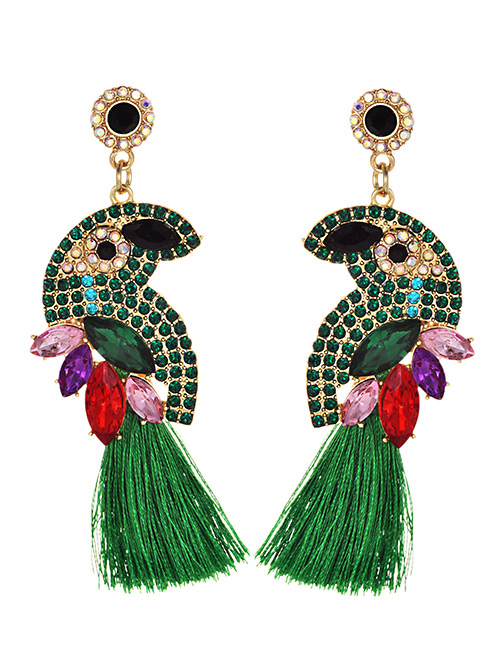 Fashion Green Alloy Diamond-studded Bird Tassel Earrings
