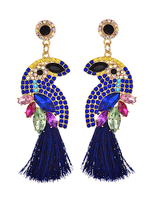 Fashion Blue Alloy Diamond-studded Bird Tassel Earrings