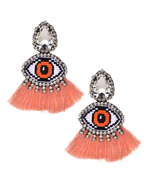 Fashion Powder Orange Alloy Studded Eye Tassel Earrings