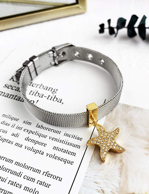 Fashion Silver Stainless Steel Copper Inlay Zircon Starfish Bracelet