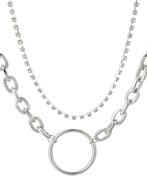 Fashion Silver Chain Square Diamond Large Circle Multilayer Alloy Necklace