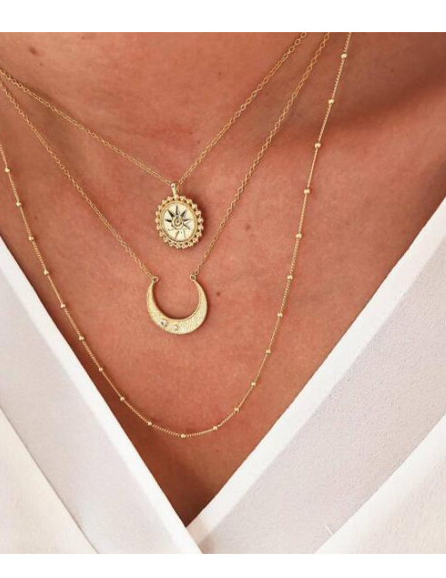 Fashion Gold Round Bead Sun Moon Three Layer Alloy Necklace