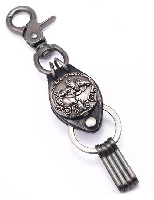 Fashion Ancient Silver Horse To Success Metal Leather Keychain