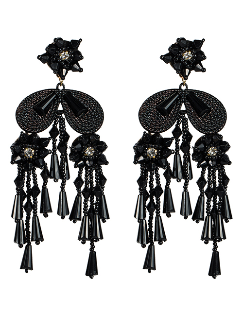 Fashion Black Acrylic Crystal Rice Beads Flower Tassel Earrings