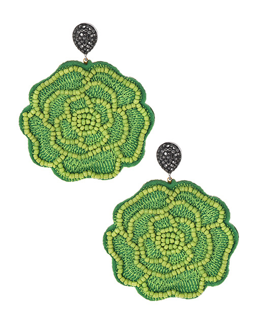 Fashion Green Felt Cloth Rice Beads Flower Earrings