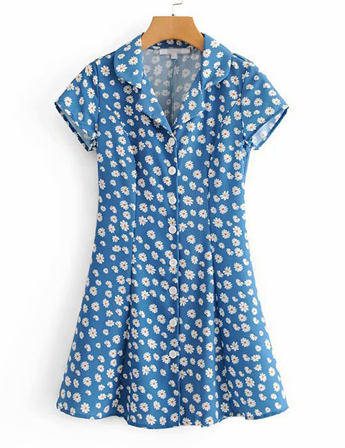 Fashion Blue Daisy Printed Suit Single Breasted Dress