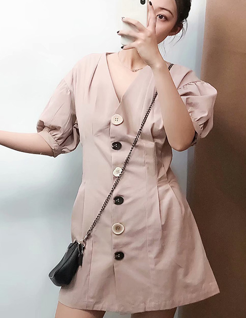Fashion Naked Pink Single Row Button Lantern Sleeve V-neck Dress