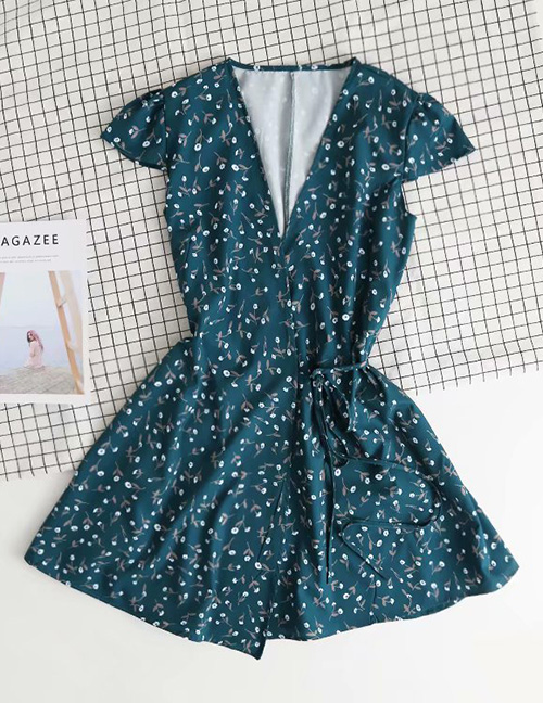 Fashion Green Flower Print Tie Rope V-neck Lace Dress
