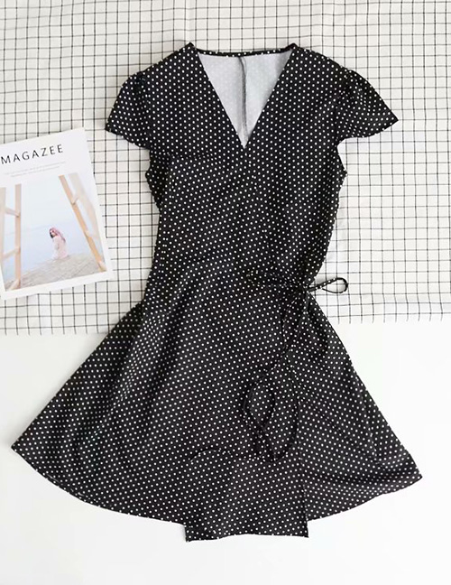 Fashion Black Wave Point Flower Print Tie Rope V-neck Lace Dress