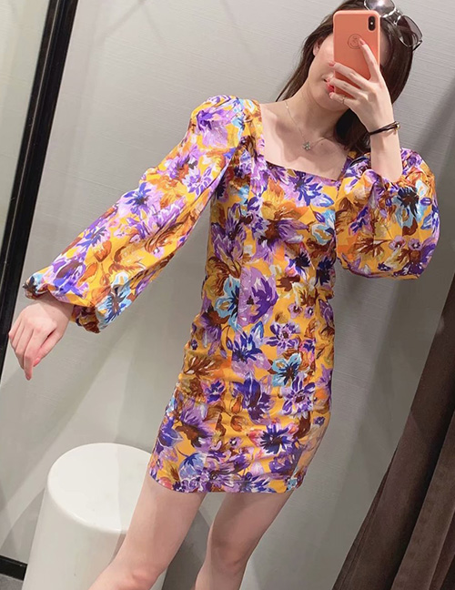 Fashion Yellow Fluffy Sleeved Floral Print Square Neck Dress
