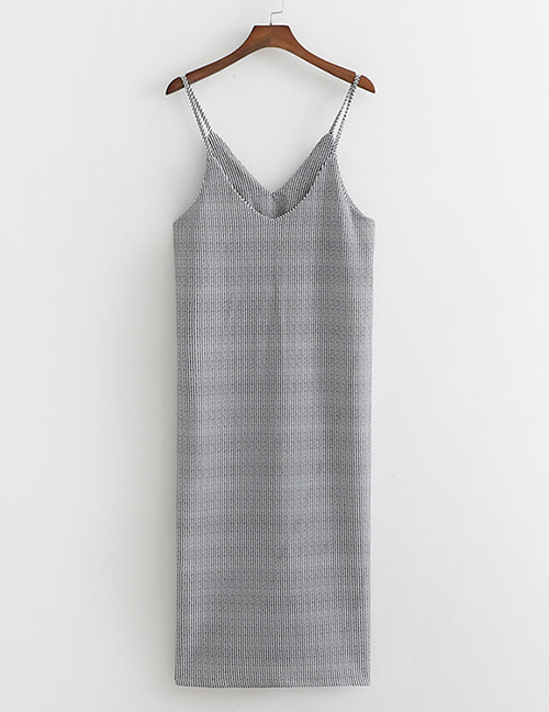 Fashion Gray Textured Sling V-neck Split Dress