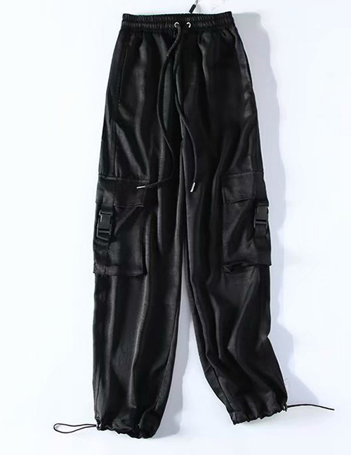 Fashion Black Silk Glossy Overalls