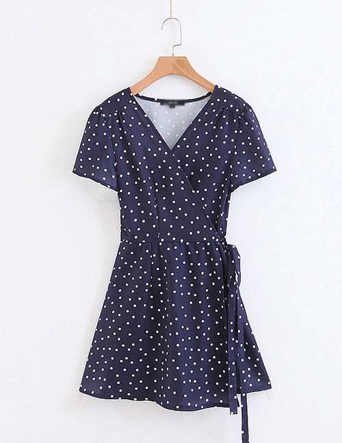 Fashion Blue V-neck Wrap-style Polka Dot Print Dress