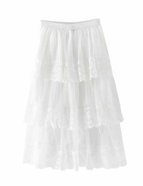 Fashion White High-waist Stitching Lace Half-length Cake Skirt