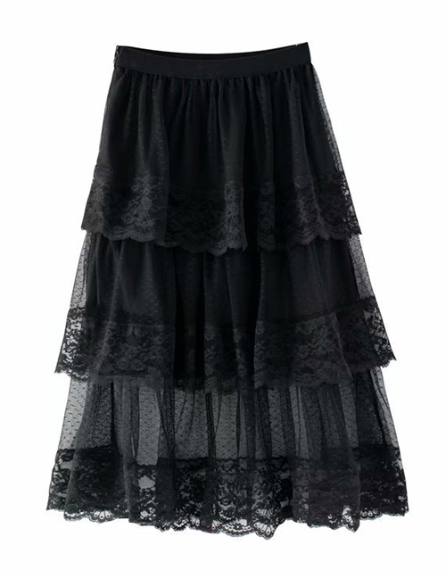 Fashion Black High-waist Stitching Lace Half-length Cake Skirt