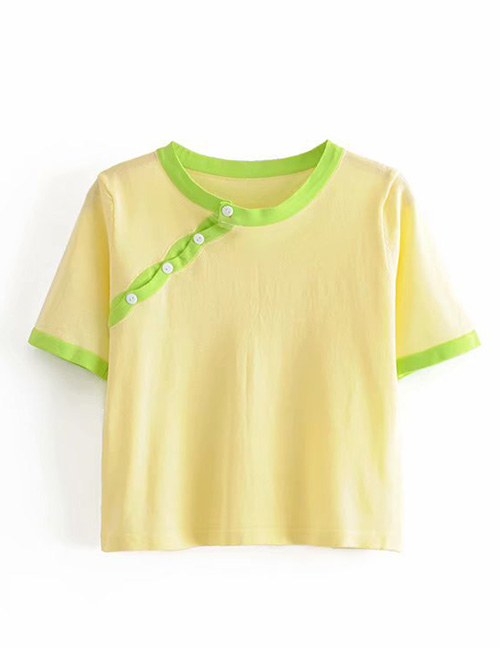 Fashion Yellow Button Contrast Knit T-shirt