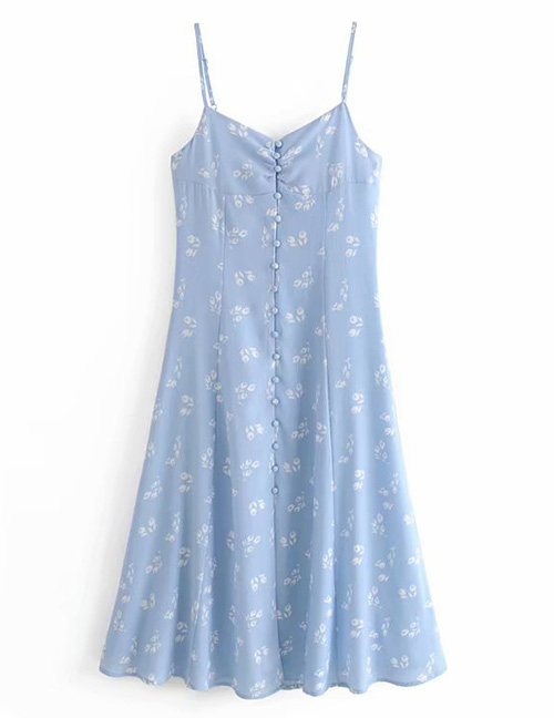Fashion Blue Floral Print Sling Single-breasted Halter Dress