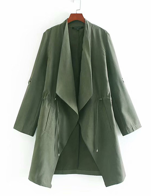 Fashion Green Lapel Drawstring Trench Coat