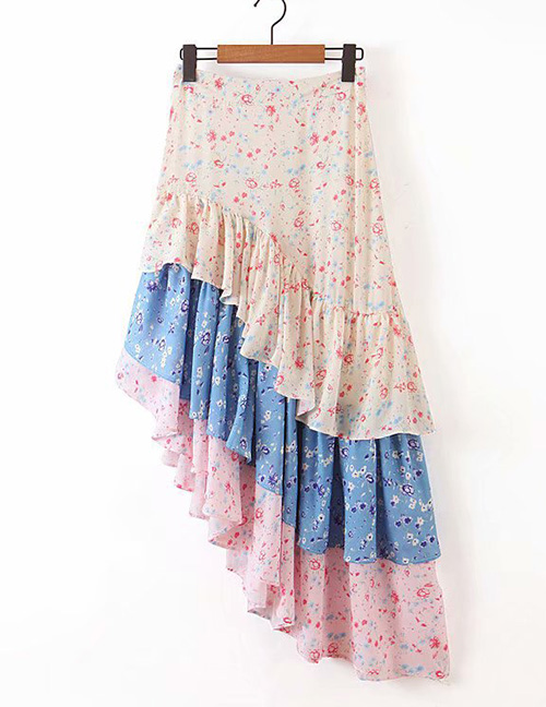 Fashion Pink + Blue Flower Print Colorblock Fishtail Skirt Ruffle Skirt