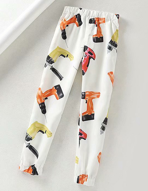 Fashion White Full Printed Electric Drill Beam Foot Harem Pants