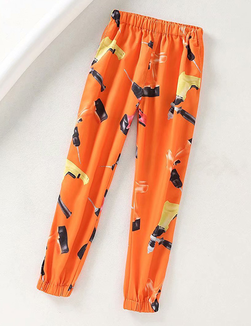 Fashion Orange Full Printed Electric Drill Beam Foot Harem Pants
