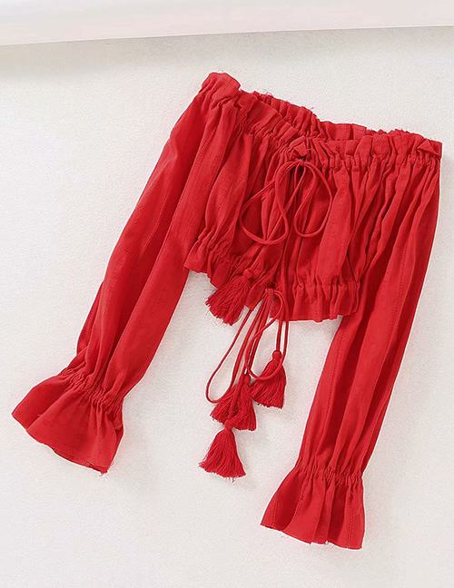 Fashion Red Fringed Laced One-shoulder Drawstring Short Shirt