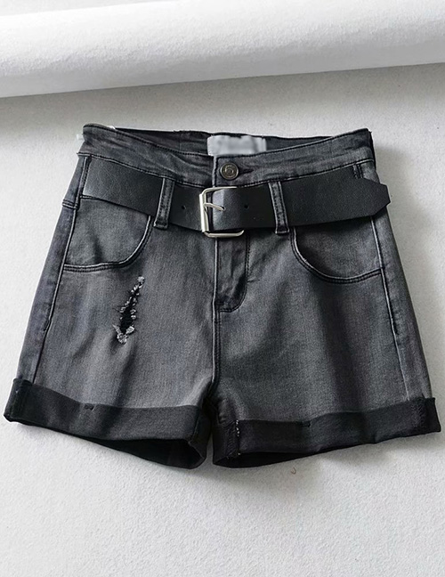 Fashion Gray Washed And Rolled Holes: Washed Denim Shorts
