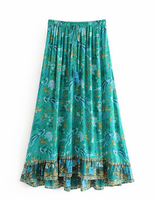 Fashion Green Phoenix Bird Print Elastic Waist Strap Skirt