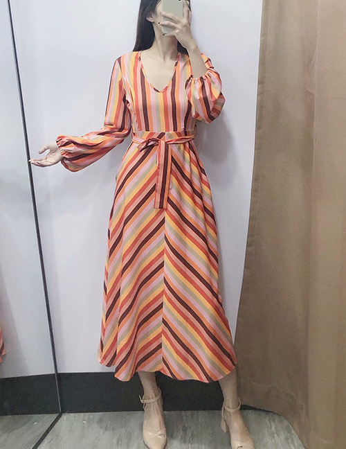Fashion Orange Striped V-neck Lace Dress