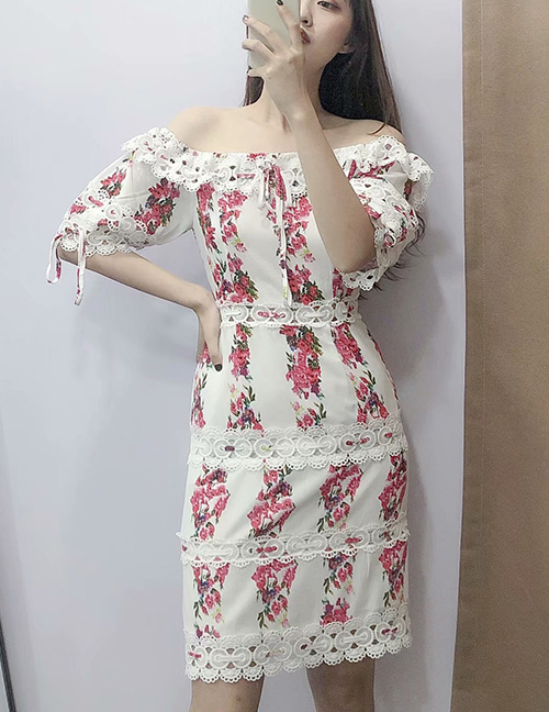 Fashion White Lace Stitching One Shoulder Flower Print Dress