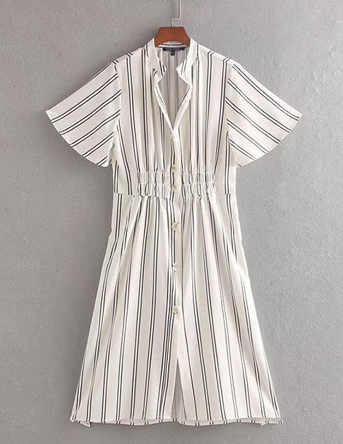 Fashion White Striped Single-breasted Dress