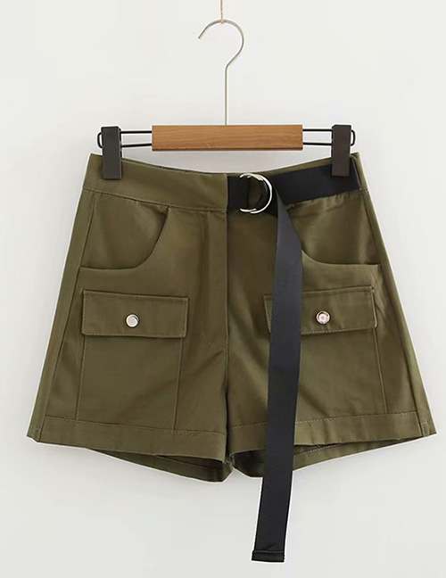 Fashion Army Green Double Pocket Tooling Stitching Shorts