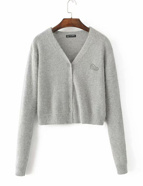 Fashion Gray Hairy Buckle Girl V-neck Single-breasted Sweater Cardigan