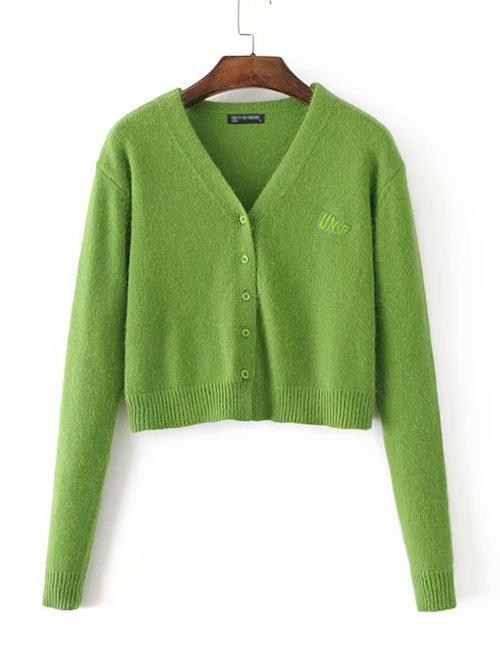 Fashion Green Hairy Buckle Girl V-neck Single-breasted Sweater Cardigan