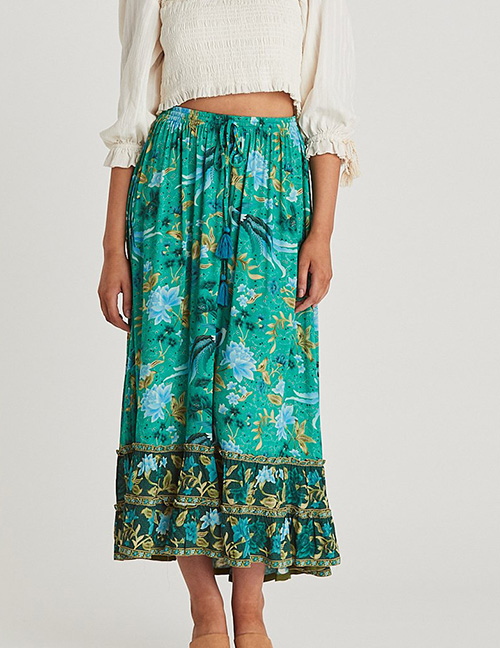 Fashion Green Cotton Printed Double-layer Lace Skirt