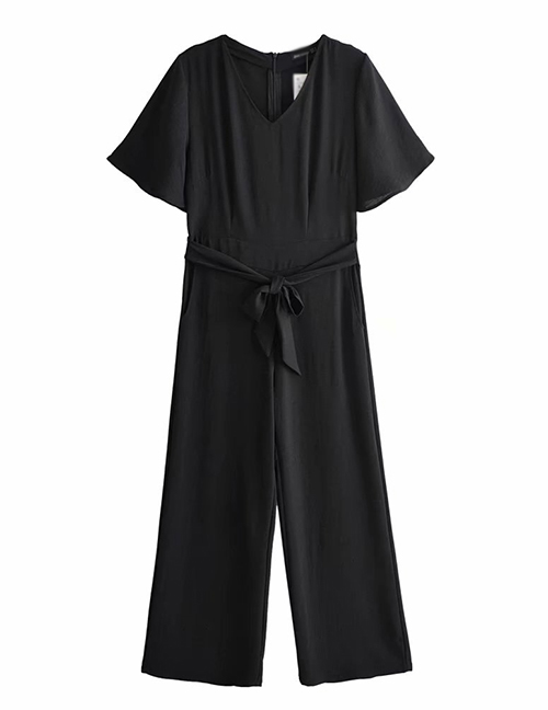 Fashion Black V-necked Flying Sleeves With Jumpsuit