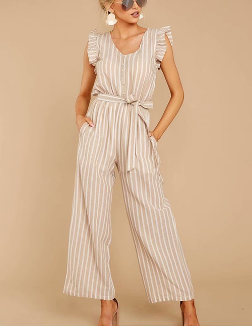 Fashion Khaki Ruffled Striped Print Jumpsuit