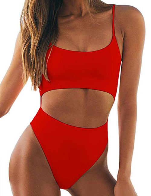 Fashion Red Open Back Strap Bandage One-piece Swimsuit