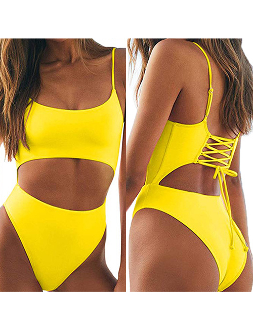 Fashion Yellow Open Back Strap Bandage One-piece Swimsuit