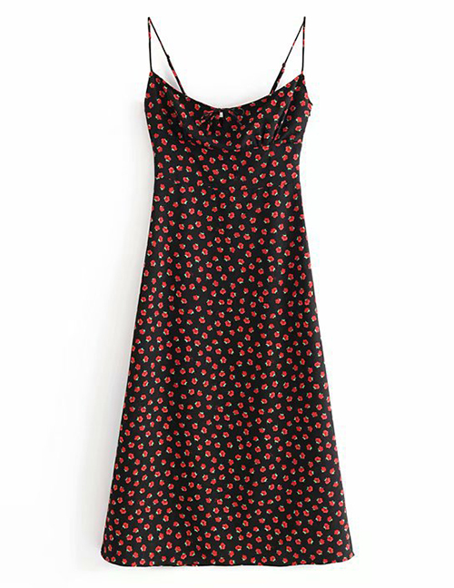 Fashion Black Flower Print Suspender Dress