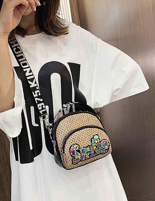 Fashion Smile Khaki Cross-stitched Embroidered Letter Sequin Shoulder Bag
