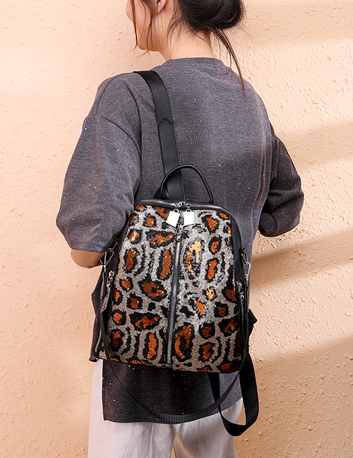 Fashion Orange Leopard Waterproof Sequined Oxford Backpack